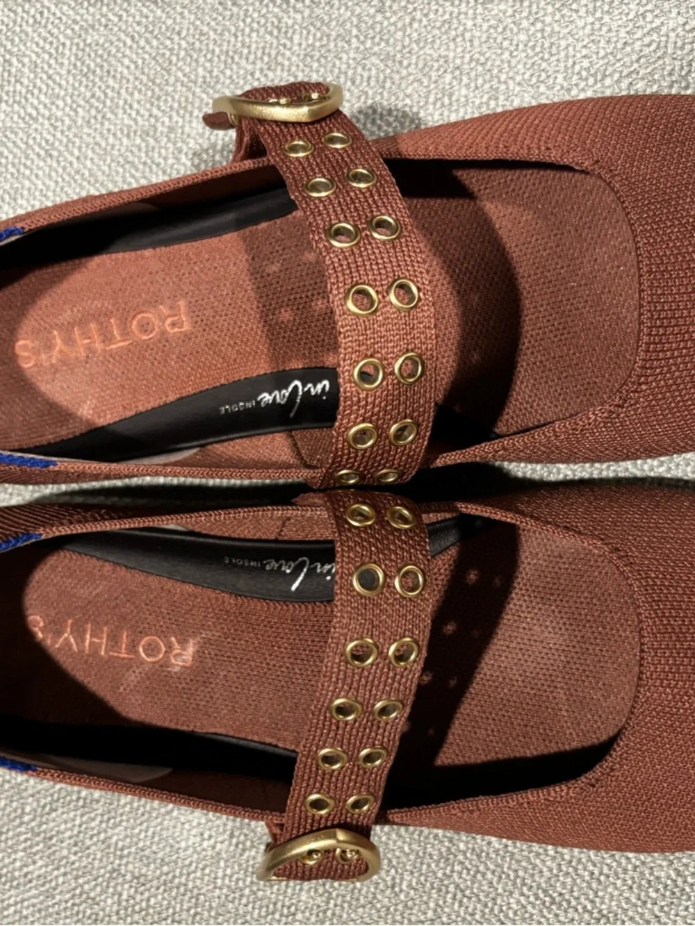 Rothy's Chestnut Brown Knit Mary Jane Flats with Gold Eyelets - Picture 6 of 7